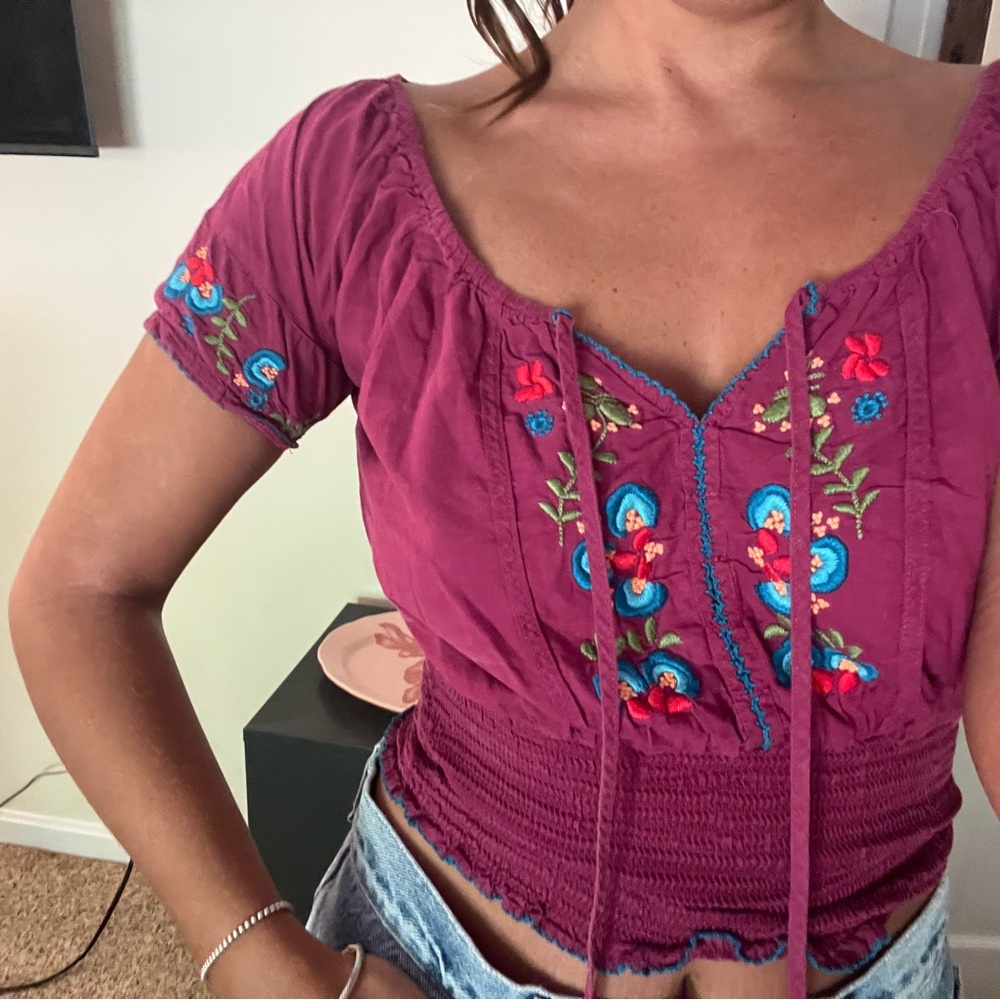 Boho Wet Seal Magenta Blouse with Floral Embroidery